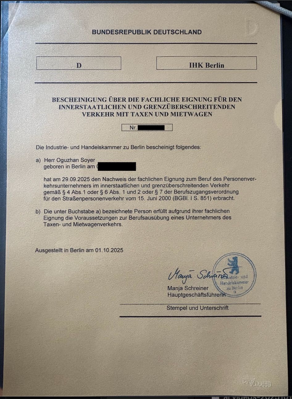 IHK Zertifikat - Taxi-Meister